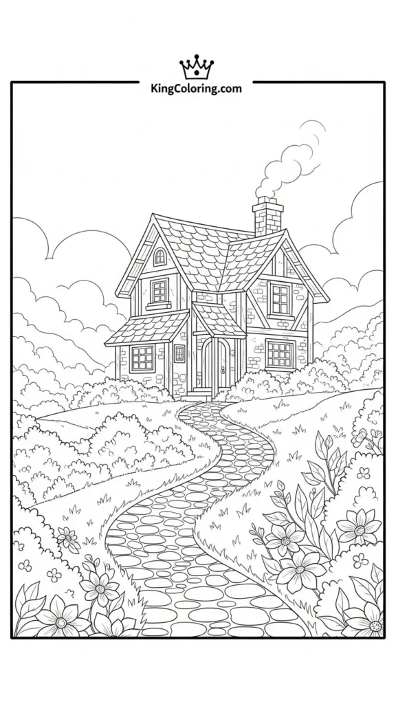 hillside cottage with a winding cobblestone path