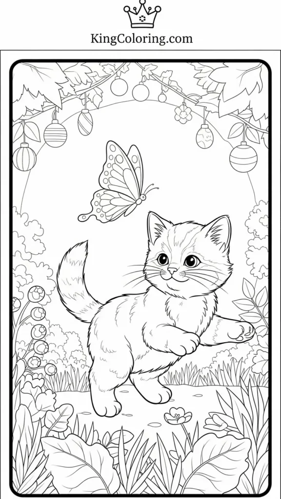 kitten chasing a butterfly in a garden