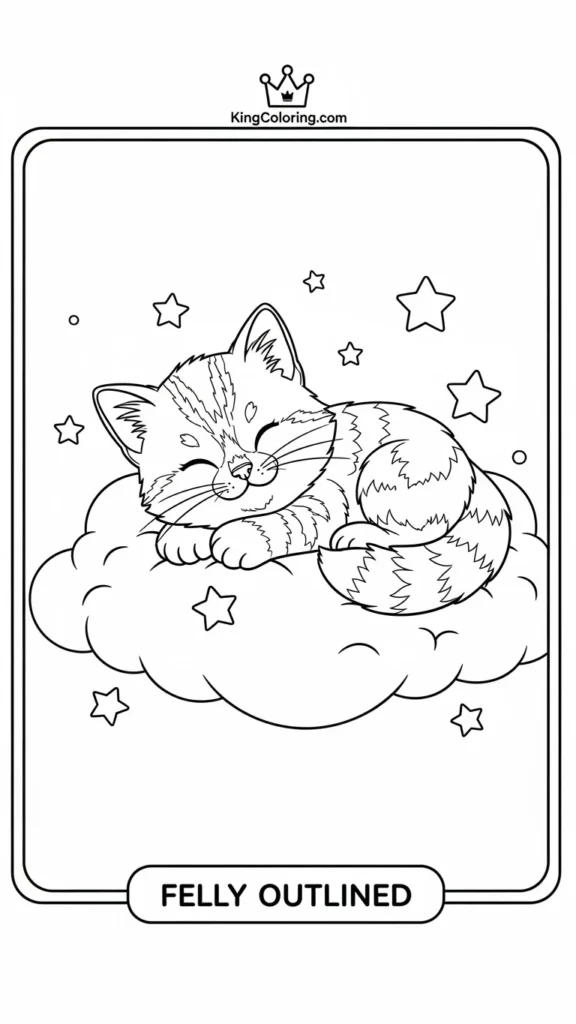 kitten lying on a cloud with stars around