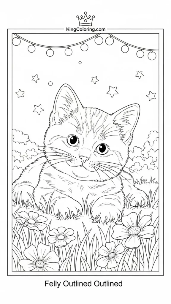 kitten lying on grass with flowers around