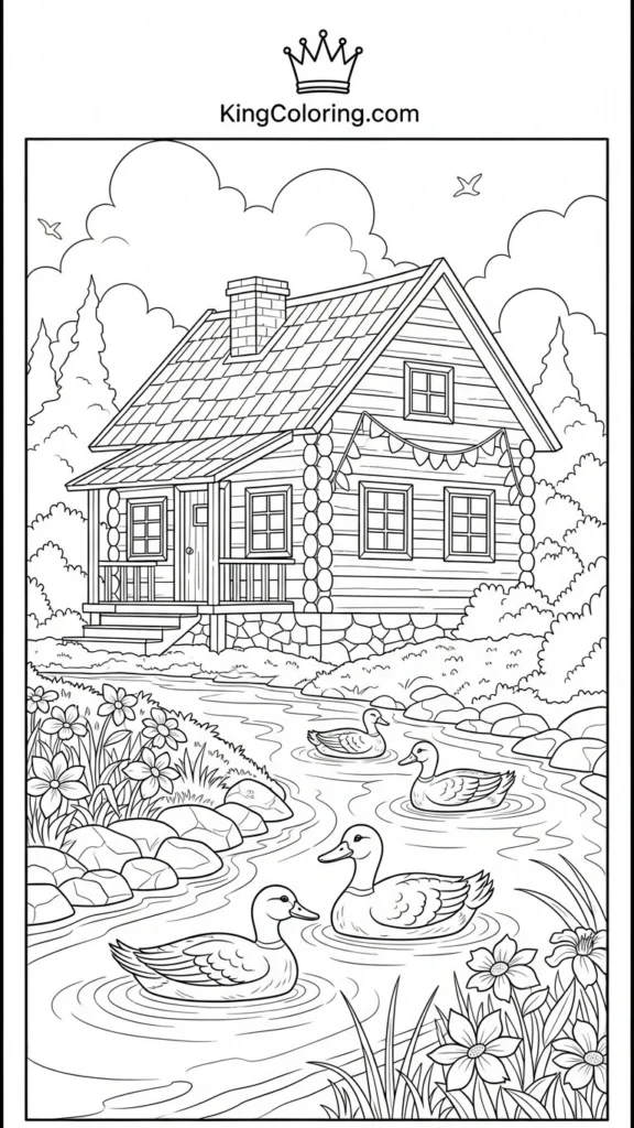 riverside log house with ducks swimming nearby and flowers along the bank