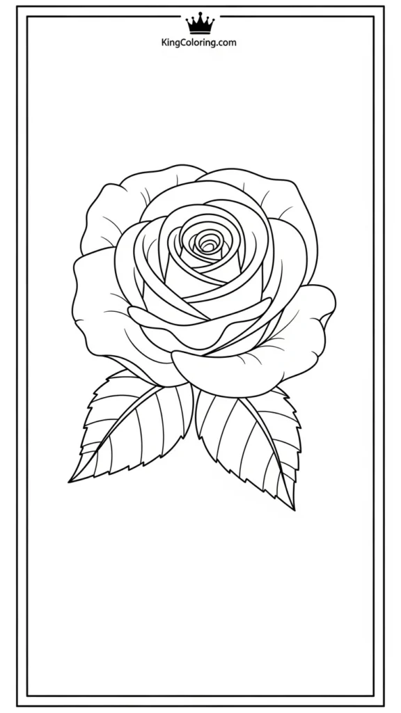simple rose drawn with spiral petals and two leaves,
