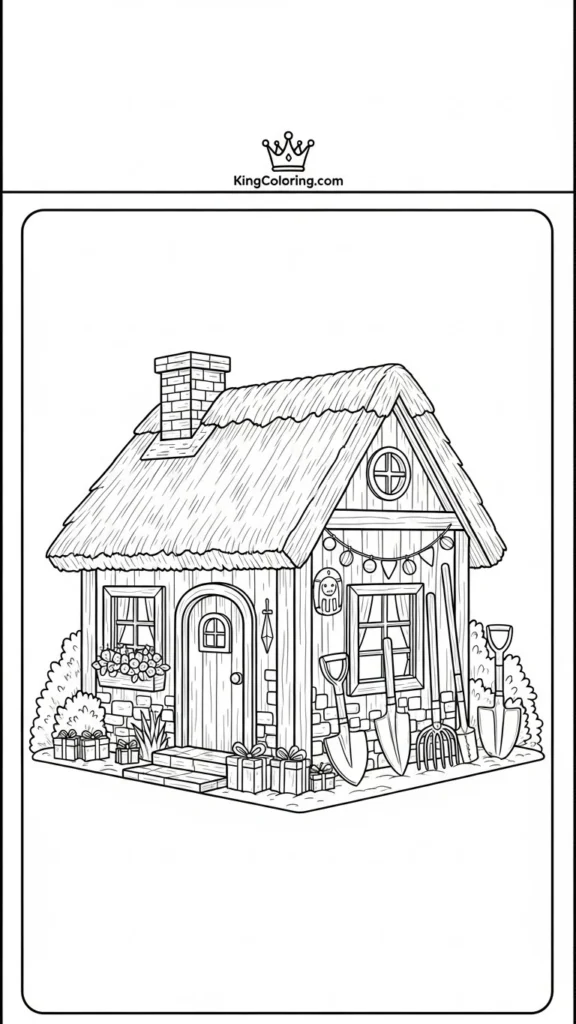 small house with a thatched roof and garden tools arranged outside