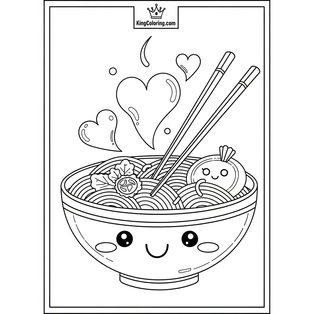 smiling bowl of noodles with chopsticks and steam shaped like hearts