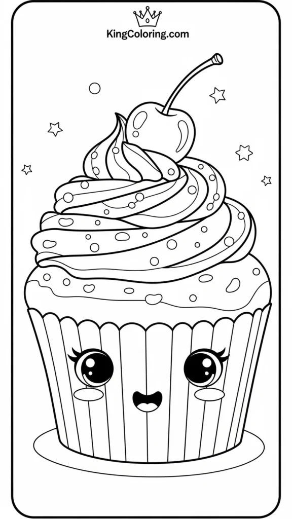 smiling cupcake with swirly frosting and a cherry on top