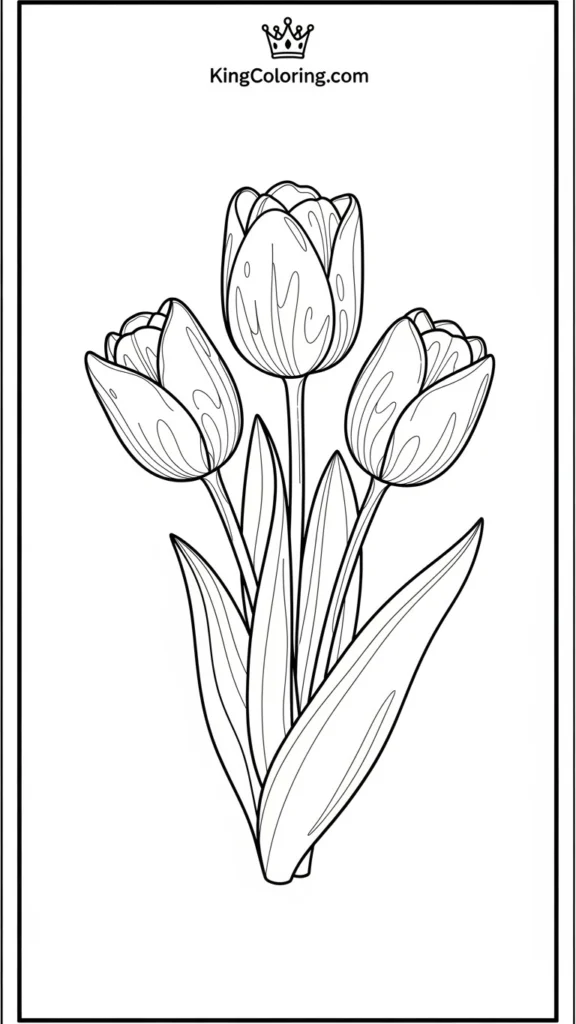 three simple tulips standing side by side with smooth stems and leaves