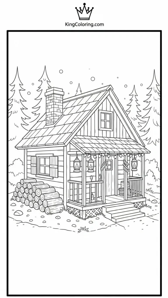 tiny forest cabin with a stack of firewood and lanterns hanging from the porch