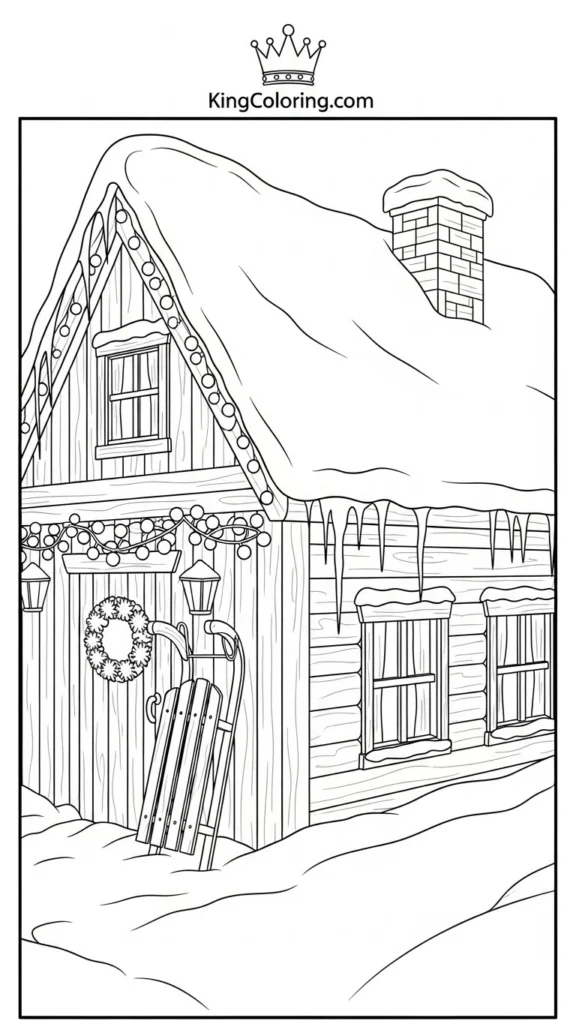 winter cabin with snow-laden roof, icicles hanging