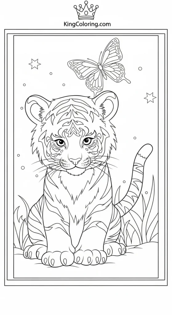Baby Tiger Playing With Butterfly Coloring Page
