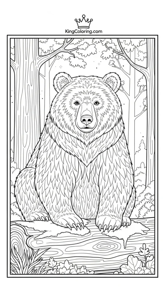 Bear coloring pages depicting a bear on a mossy log, forest vibe