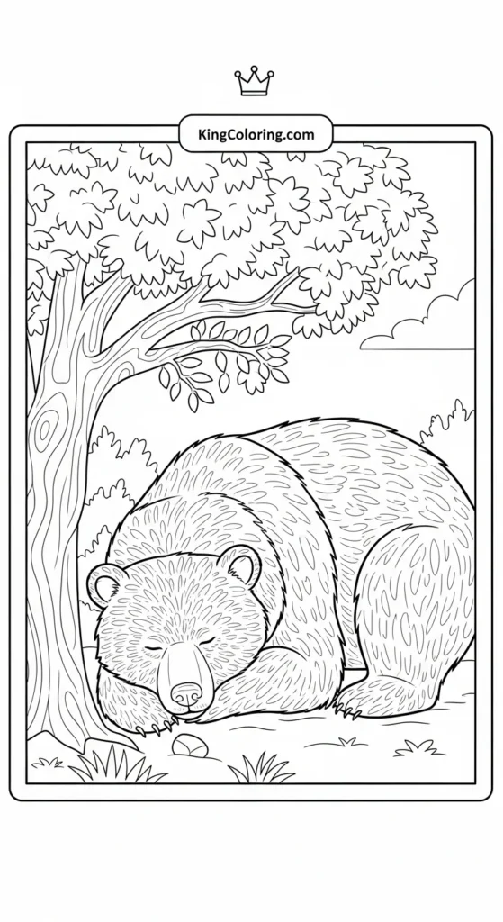Bear coloring pages depicting a bear resting under a tree