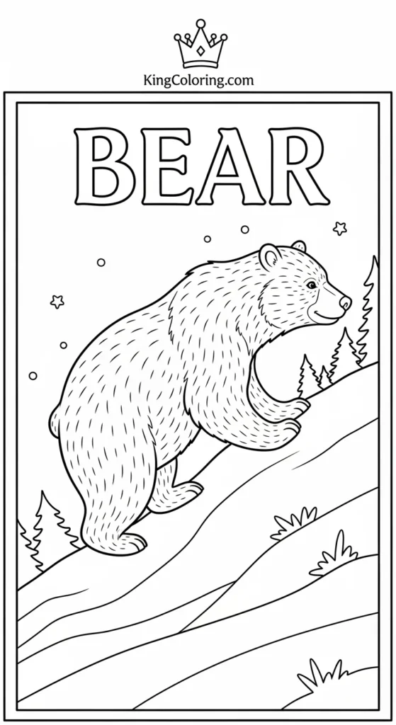 Bear coloring pages featuring a bear climbing a small hill