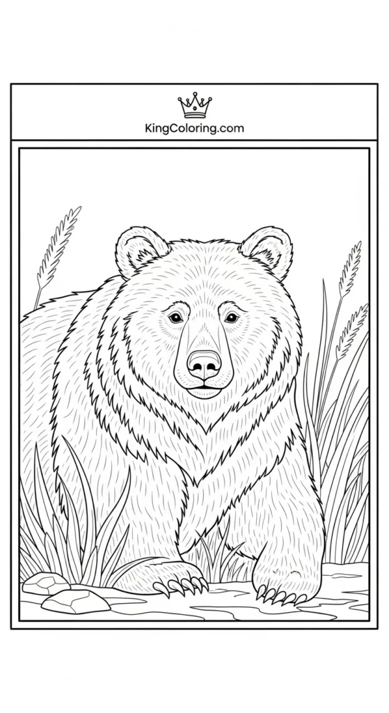 Bear coloring pages featuring a bear near tall grass
