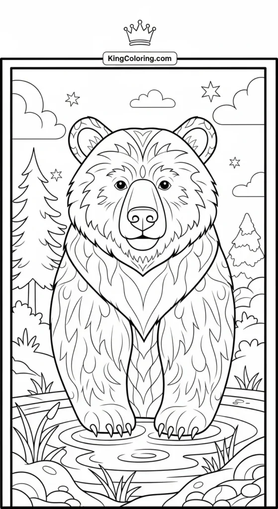 Bear coloring pages featuring a bear next to a pond