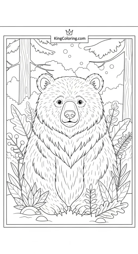 Bear coloring pages featuring a bear surrounded by forest plants
