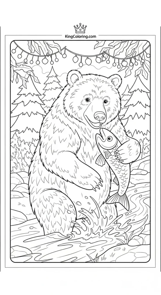 Bear coloring pages illustrating a bear catching a fish in a stream