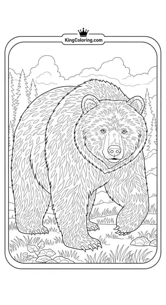 Bear coloring pages illustrating a bear mid-step through a meadow