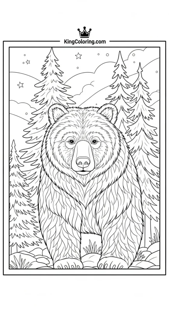 Bear coloring pages illustrating a bear near pine trees