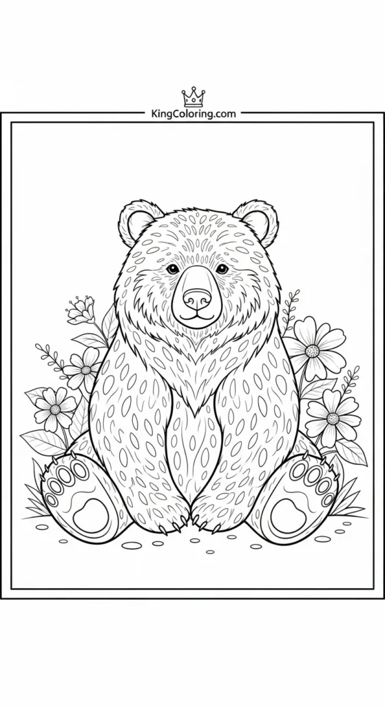 Bear coloring pages illustrating a bear sitting near flowers
