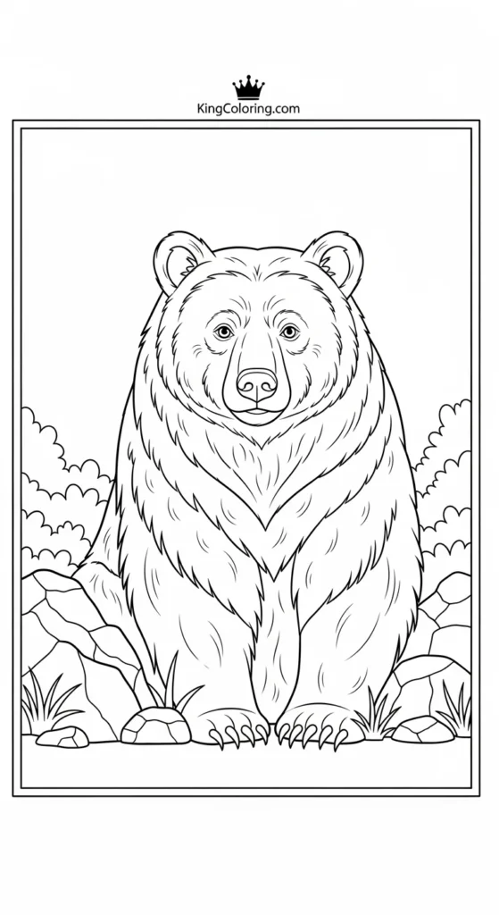 Bear coloring pages showing a bear beside rocks and bushes,