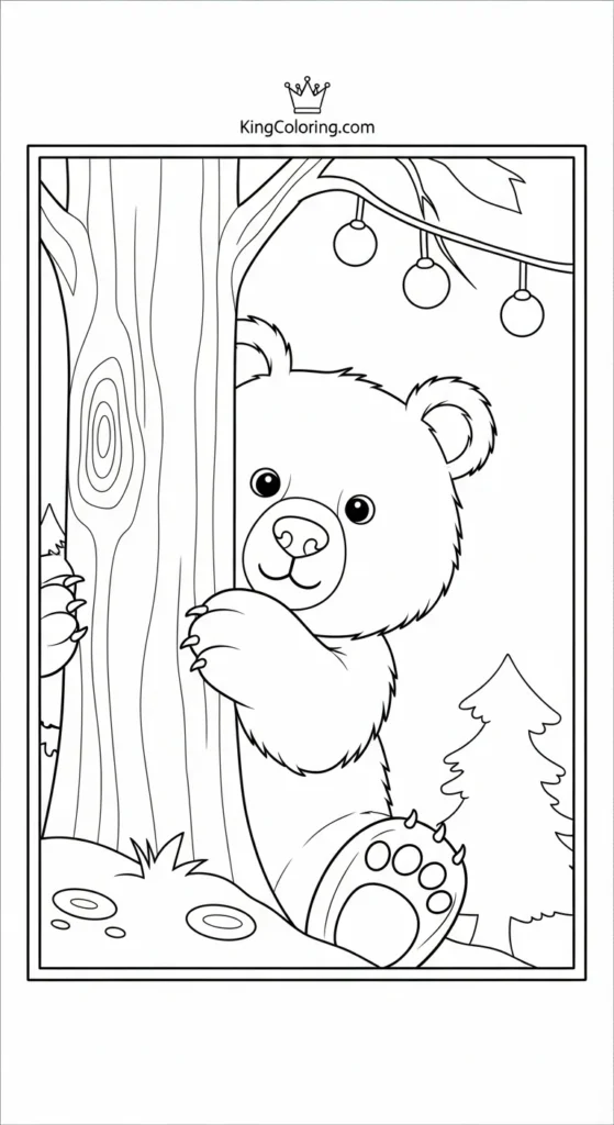 Bear coloring pages showing a bear peeking from behind a tree