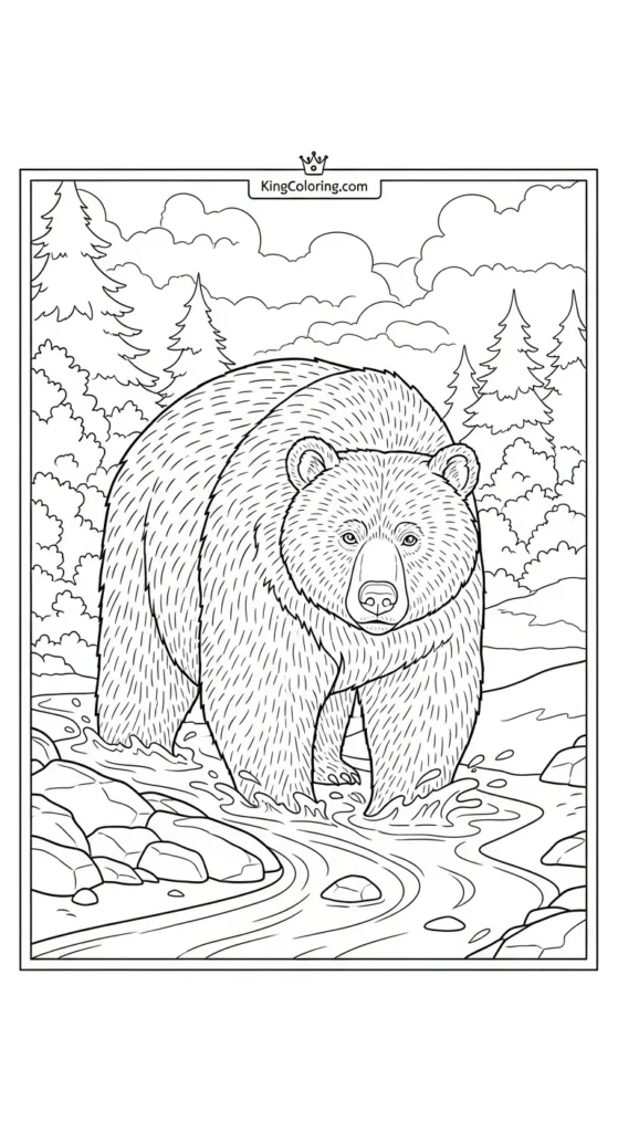 Bear coloring pages showing a bear walking through a stream