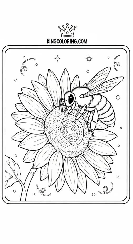 Bees coloring pages depicting a bee collecting nectar from a sunflower