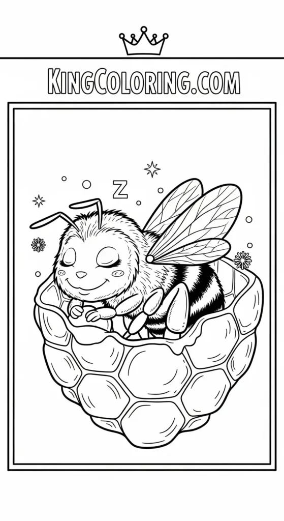 Bees coloring pages depicting a bee curled up sleeping inside a honeycomb cell