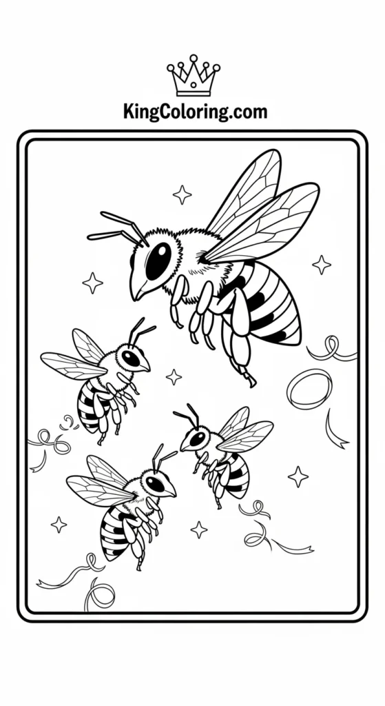 Bees coloring pages depicting a bee family flying together