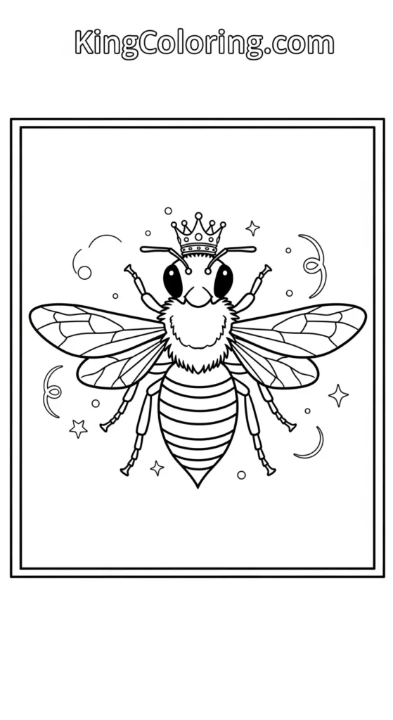 Bees coloring pages depicting a queen bee with a small crown