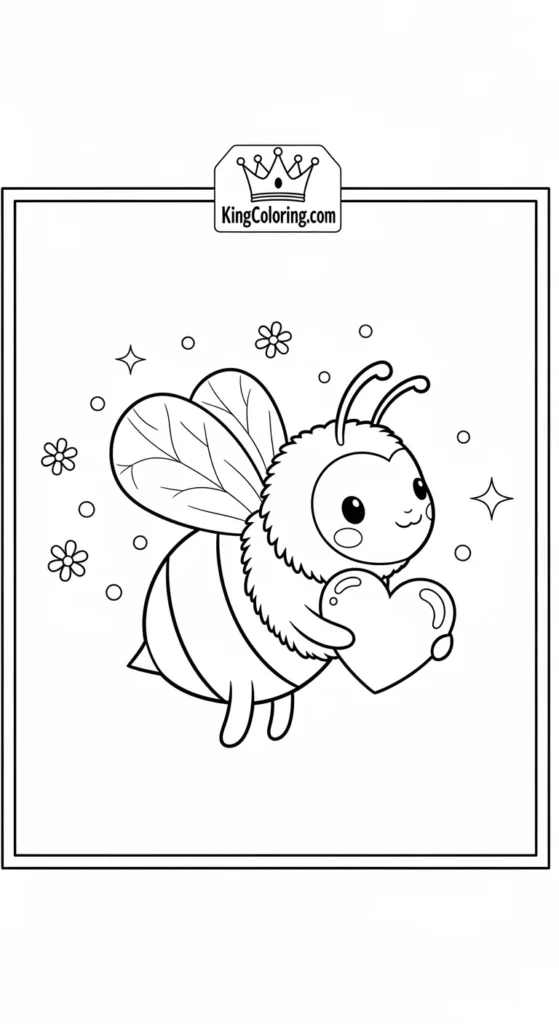 Bees coloring pages featuring a bee holding a heart, sweet simple pose,