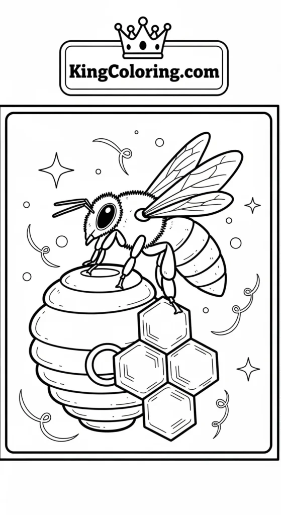 Bees coloring pages illustrating a bee hovering over a honeycomb