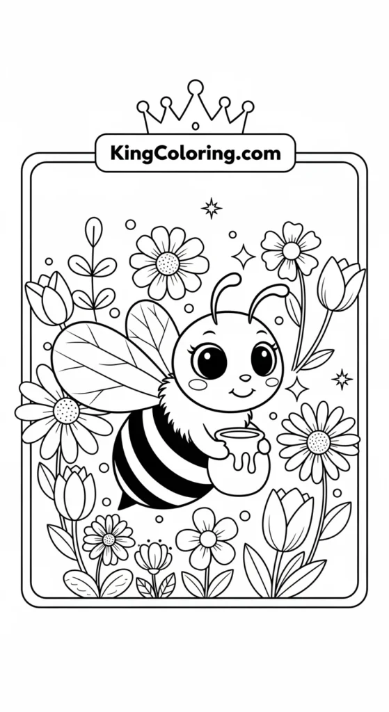 Bees coloring pages illustrating a bee surrounded by simple spring
