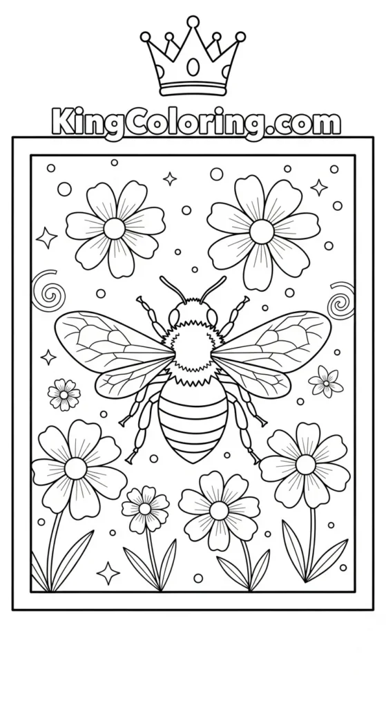 Bees coloring pages illustrating a bee surrounded by simple spring flowers