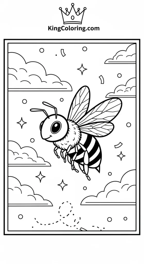 Bees coloring pages showing a bee buzzing near clouds
