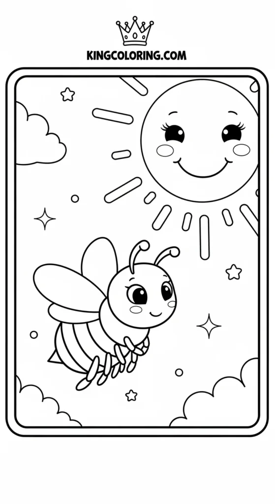 Bees coloring pages showing a bee flying under a smiling sun