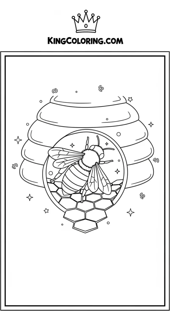 Bees coloring pages showing a bee inside a beehive entrance