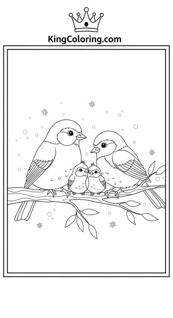 Bird coloring pages depicting a bird family sitting together on a tree