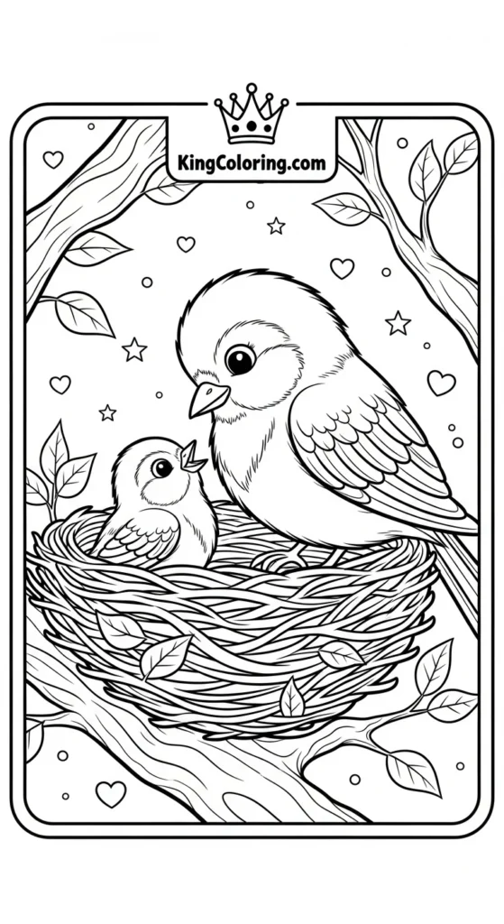 Bird coloring pages illustrating a parent bird with a baby bird in a nest