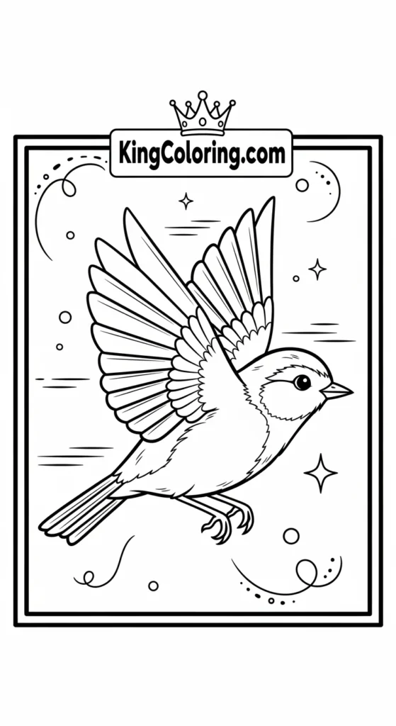 Bird coloring pages showing a small bird flying with wings slightly open