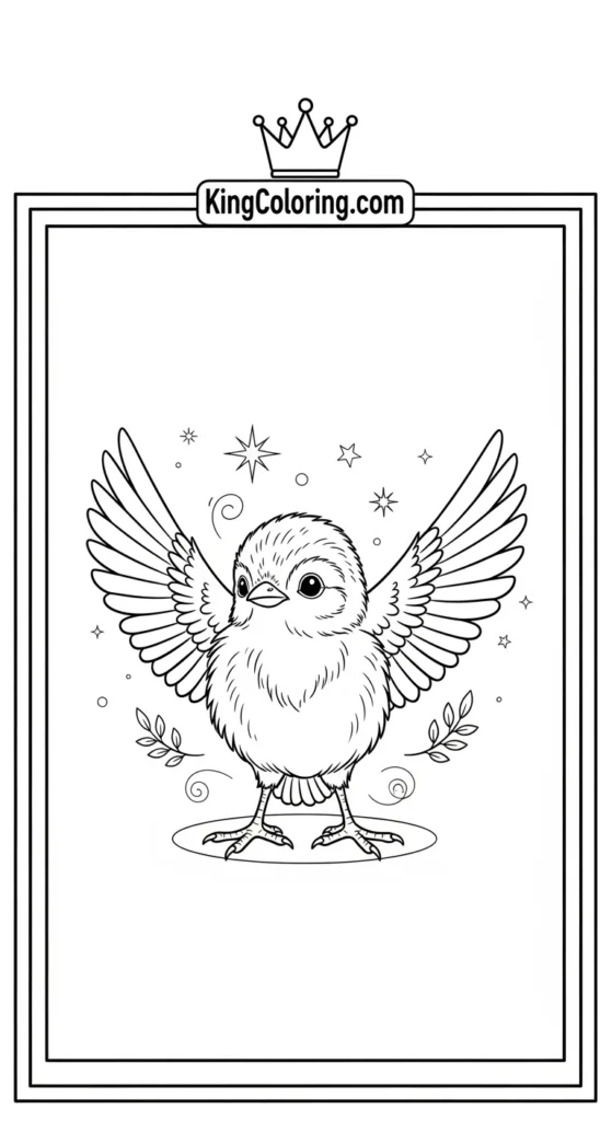 Bird coloring pages showing a tiny bird stretching its wings