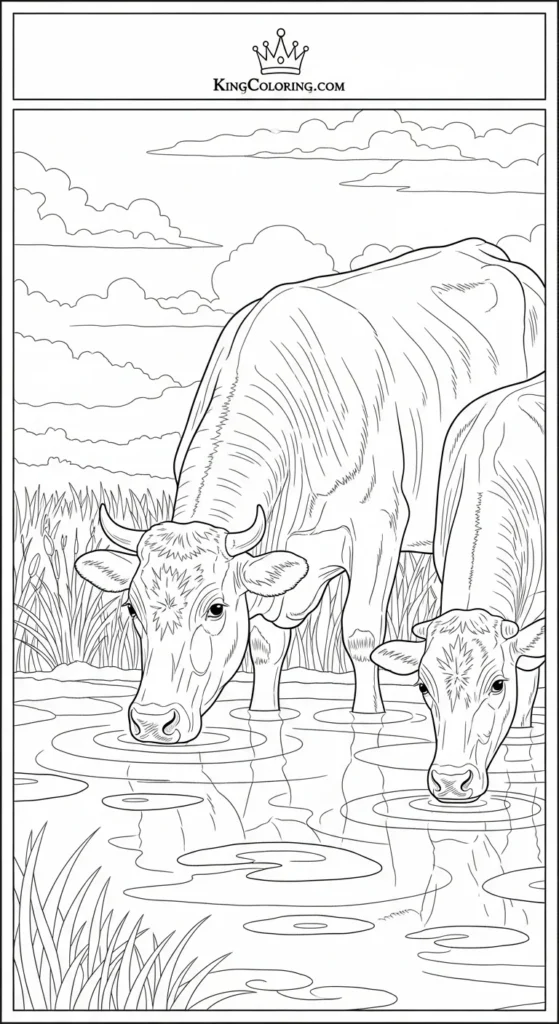 Cattle Drinking From Pond