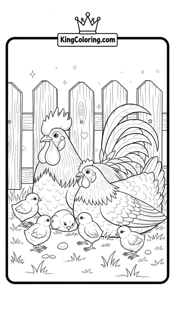 Chicken coloring pages depicting a chicken family resting together near a fence 