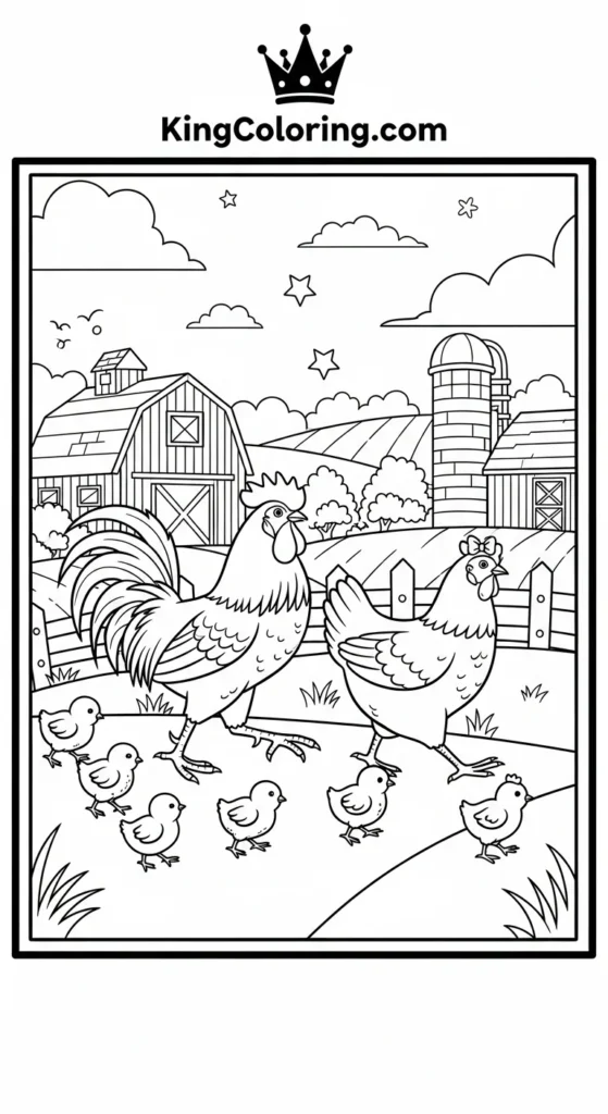 Chicken coloring pages depicting a chicken family walking together