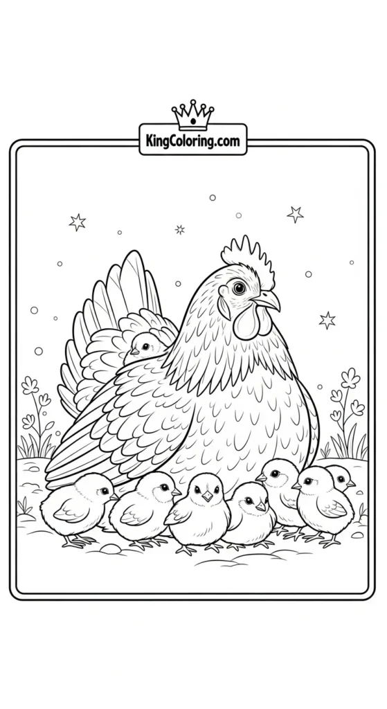 Chicken coloring pages depicting a hen with several chicks gathered close