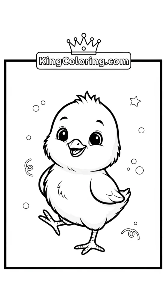 Chicken coloring pages featuring a tiny chick standing on one leg