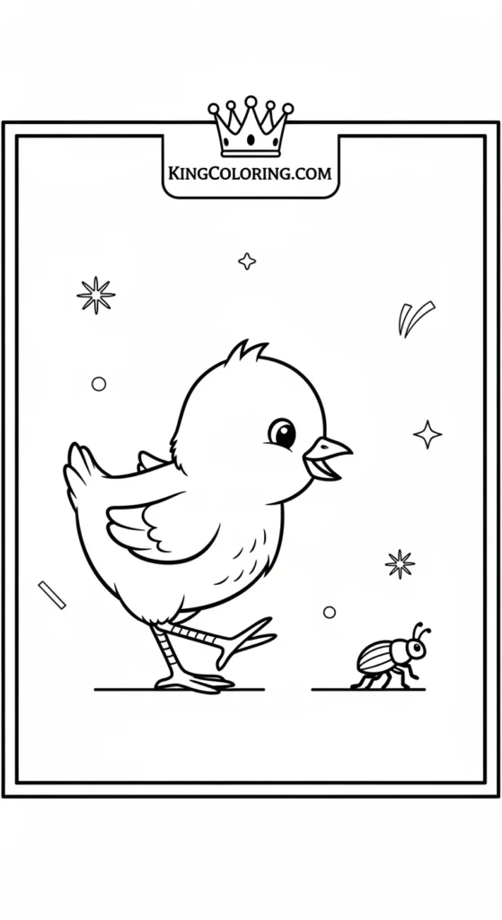 Chicken coloring pages illustrating a chick chasing a bug