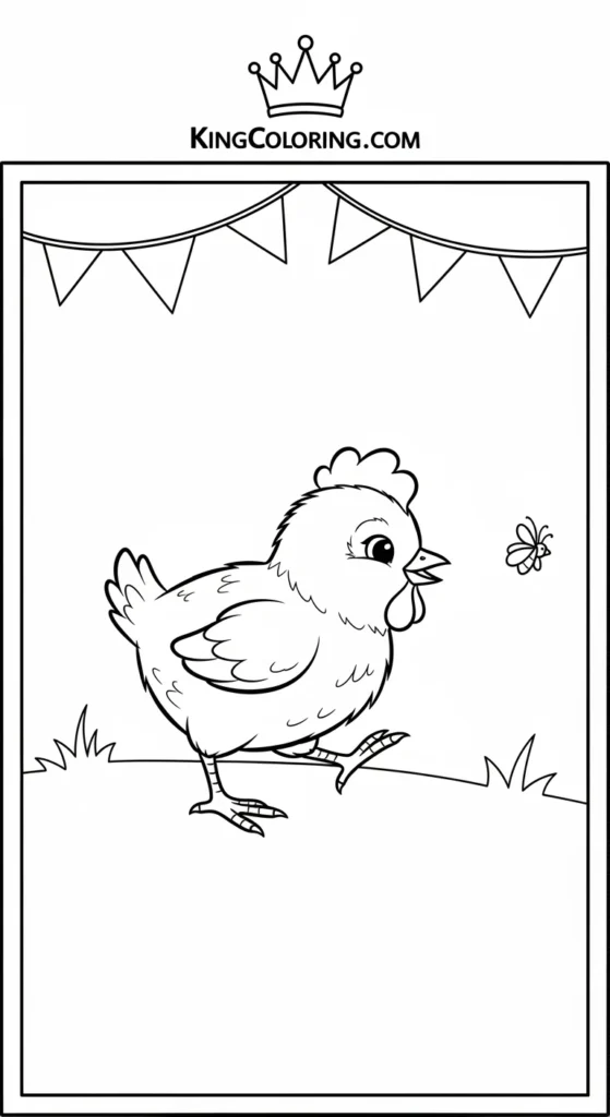 Chicken coloring pages illustrating a chick chasing a small bug