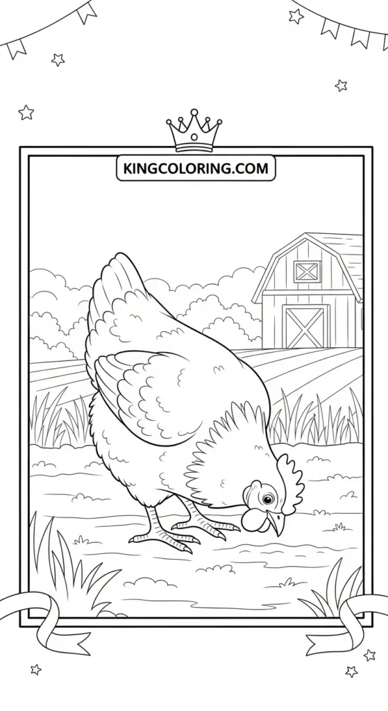 Chicken coloring pages illustrating a chicken pecking gently at the ground