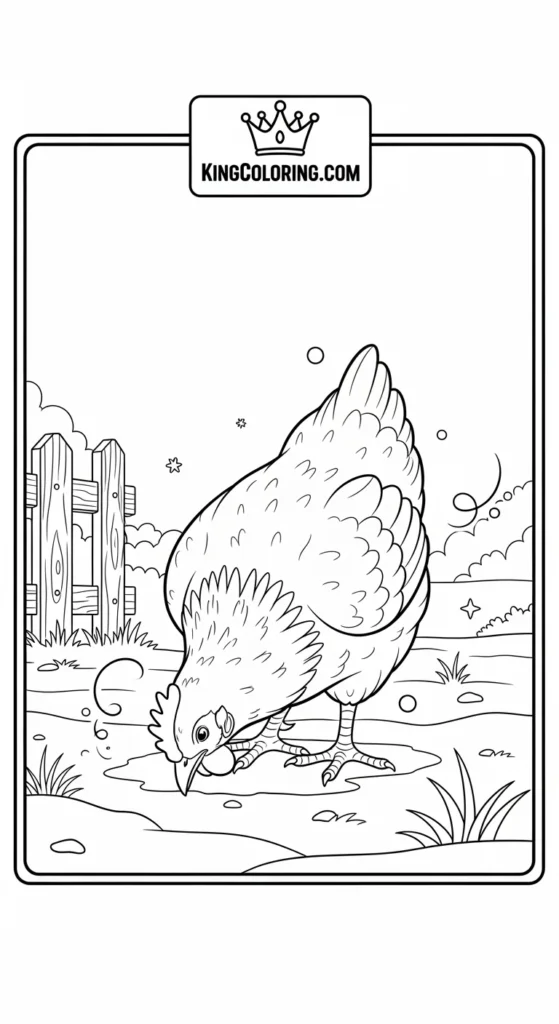 Chicken coloring pages illustrating a chicken pecking gently at the ground, simple farm